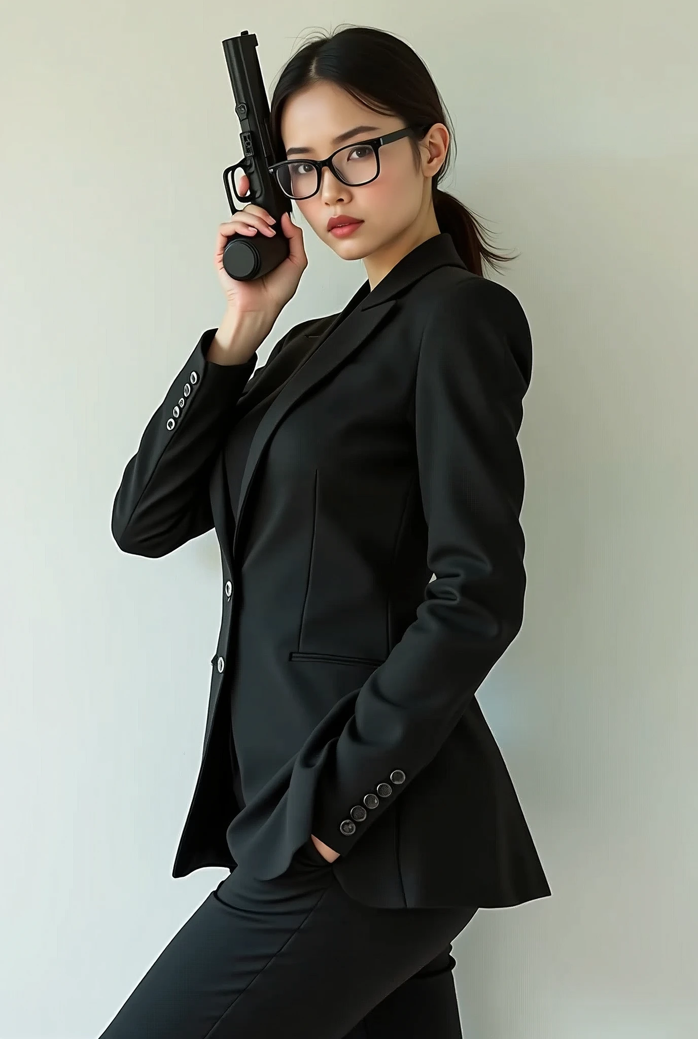 there is a woman in a suit and glasses posing with a gun, wearing a strict business suit, in strict suit, elegant posed, in a business suit, wearing tight suit, in a strict suit, lawyer suit, in suit with black glasses, wearing business suit, with glasses, wearing a suit and glasses, elegant suit, with a business suit on, business attire