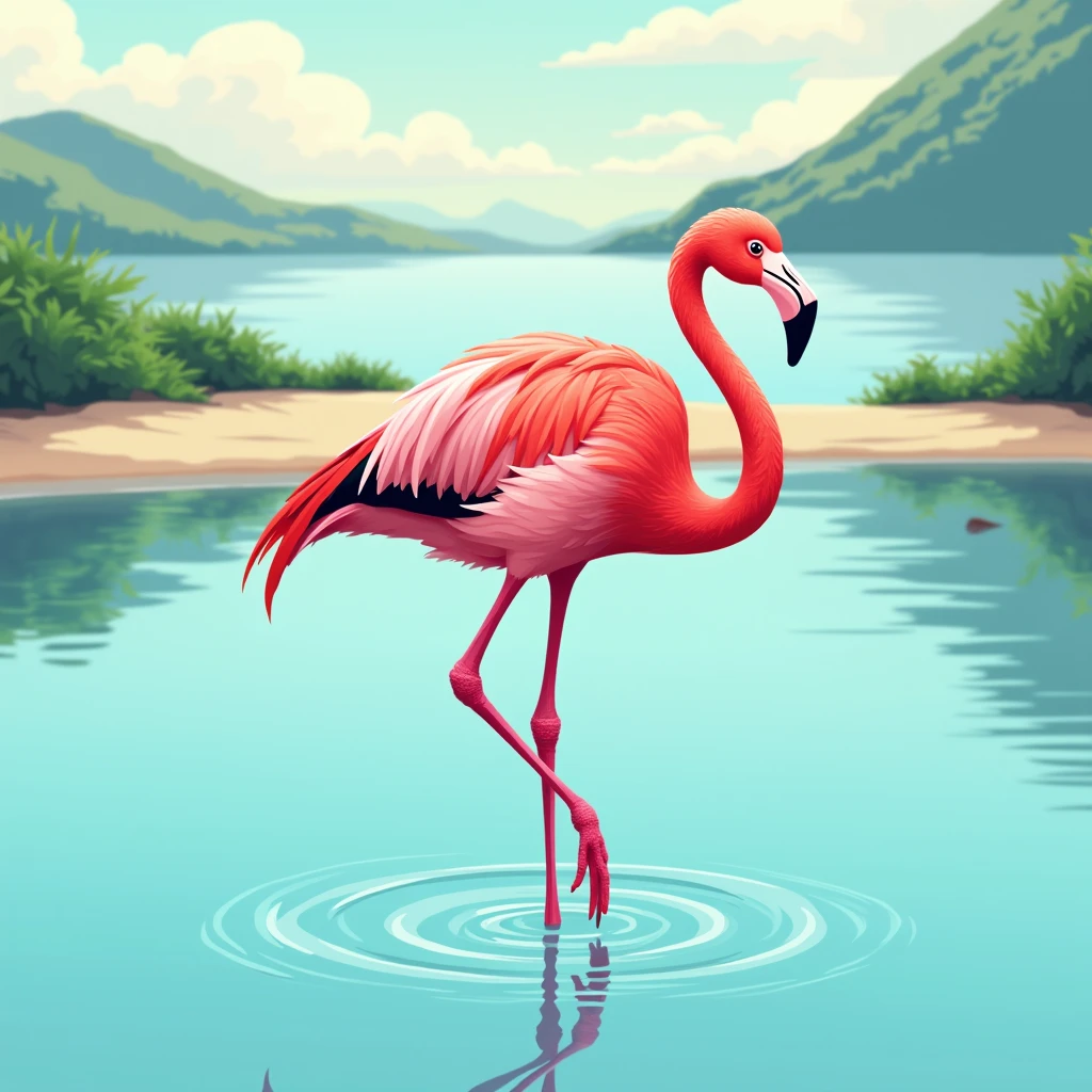 Design a vector illustration of a flamingo standing in a lagoon, with long, slender legs and vibrant pink feathers set against a tranquil water background.