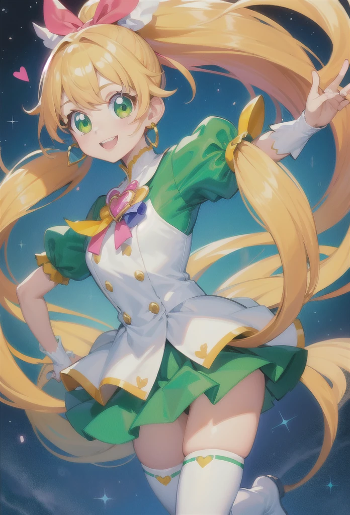 (best quality, masterpiece:1.2),1girl,  cure rhythm, wide ponytail, puffy short sleeves, brooch, heart earrings, ribbon, arm warmers, white boots, look at viewer,(green eyes:1.2),big smile