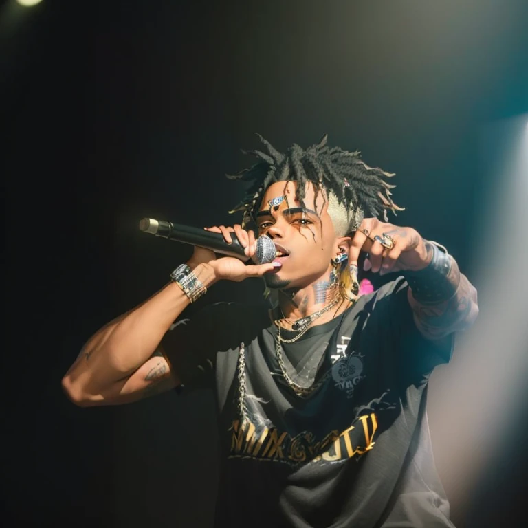 a man with a microphone in his hand on stage, xxxtentacion, rapping into microphone, playboi carti, trippie redd, sicko, rapping on stage at festival, ✏️🎨, rapping, performing on stage, performing, playboi carti portrait, concert photography, syd, lil uzi vert, concert footage, aggressive look, nag