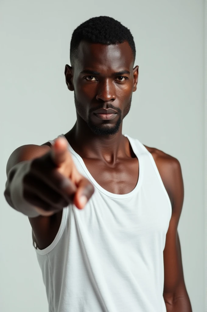 Skinny black man in white tank top, pointing with the finger