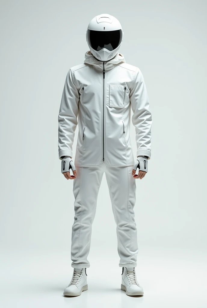 biker in white biker safety suit front view full body in standing pose and helmet