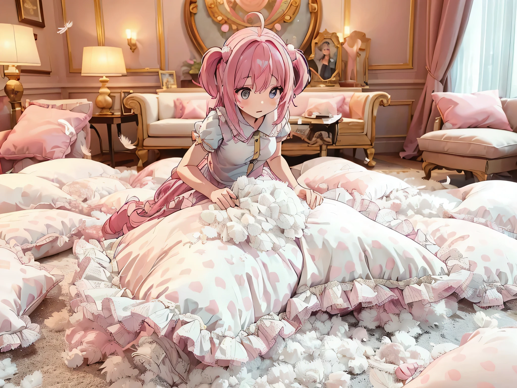 (best quality， masterpiece) , details, (Light and shadow oxtail) , Cute girl posing on pillow ，Pillow, Upholstered，Soft pillow，（Pillow），The love surrounding the protagonist，steam，(Luxury Pillow），（Gorgeous pattern pillow），luxurious pillow, standing,（Love around the protagonist），（pillow）, long hair, frilled pillow , ((pink pillow))  , 1 pillow, standing on a top of pillow, on pillow, big pillow, fluffy pillow, pillow damage, stomping pillow, stonping, pillow on floor, stepping on pillow, posing on top pillow, full body, pillow on floor, (((pink hair))), hatsune (princess connect), (((feathers))), pillow destroy, ripping pillow, tearing pillow in half, feathers everywhere, cotton, stuffing pillow