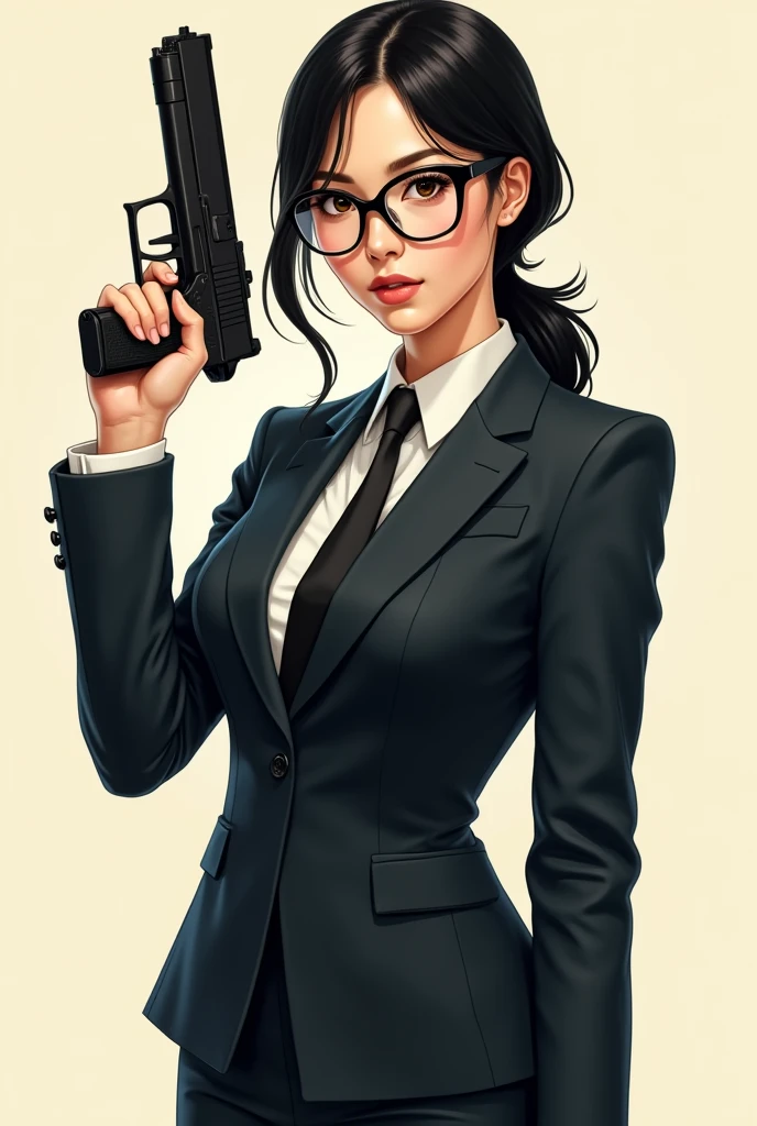 there is a woman in a suit and glasses posing with a gun, a portrait by Jason Chan, trending on Artstation, shin hanga, wearing a strict business suit, in strict suit, elegant posed, in a business suit, wearing tight suit, in a strict suit, lawyer suit, in suit with black glasses, wearing business suit, with glasses