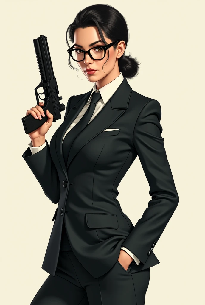 there is a woman in a suit and glasses posing with a gun, a portrait by Jason Chan, trending on Artstation, shin hanga, wearing a strict business suit, in strict suit, elegant posed, in a business suit, wearing tight suit, in a strict suit, lawyer suit, in suit with black glasses, wearing business suit, with glasses