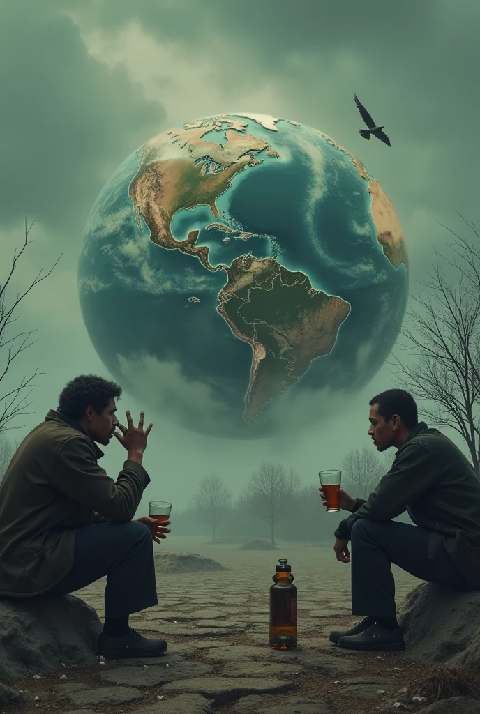 Make a picture of sad earth with people's are smonking and drinking alcohol