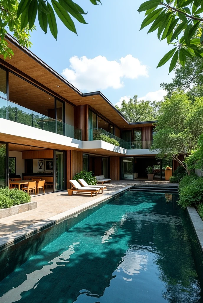 7 * 9 m Villa property in Thailand with blue dark blue pool a bedroom and the kitchen high ceiling, partly open into passion fruit farm