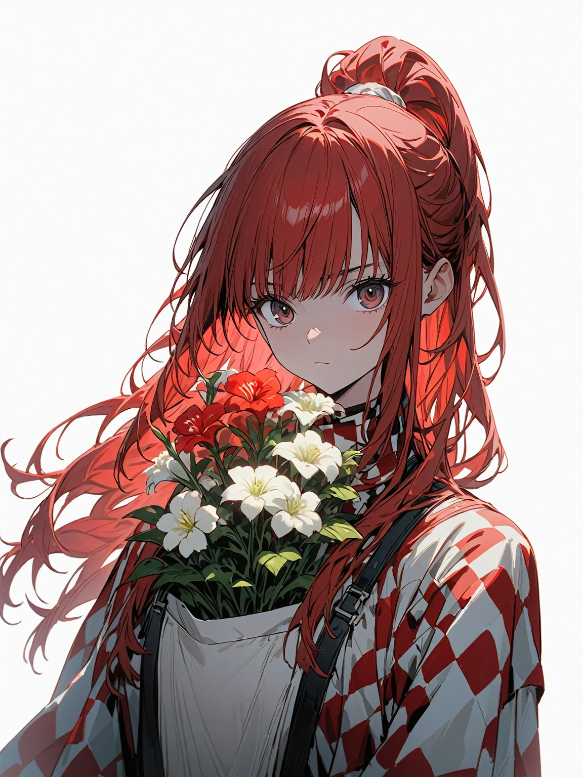 ((masterpiece)), (Highest quality), (Cinematic), (((Blank Background:1.5, No background:1.5, Background white:1.5))), woman、１７Age、Upper Body、(Checkered clothing:1.5), (Red Hair:1.5), (Long hair ponytail:1.5), One piece clothes、apron、flower、いろんなflower、たくさんのflower、(flower束:1.5)、(flower束を持っている:1.5)、The eyes are looking at the viewer、Change the pose、