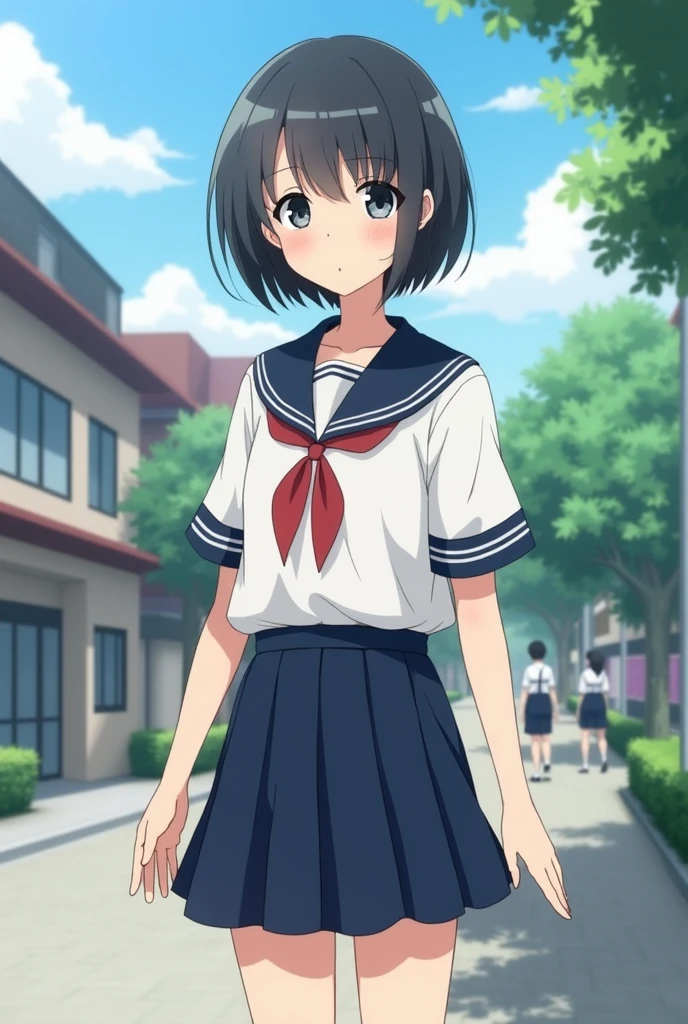 shinkai makoto, kimi no na wa., 1girl, bangs, black hair, blush, brown eyes, sky, cloud, sailor collar, red sailor collar, sailor color, red sailor color, serafuku, looking at the viewer, outdoors, headband, red headband, ribbon, red ribbon, bow, red bow, school uniform, short hair, solo, shirt, white shirt, skirt, red skirt, pleated skirt, long sleeves, smile, happy, open mouth, lens_flare, afternoon hangout