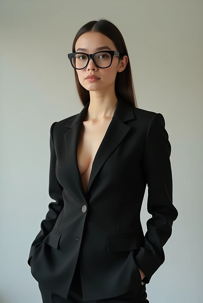 there is a woman in a black suit and glasses posing for a picture, a stock photo inspired by Hedi Xandt, featured on reddit, process art, with glasses, wearing a strict business suit, thick glasses, in suit with black glasses, big glasses, low cut top, nerdy appearance, wearing a suit and glasses, cleavage, ready for a meeting