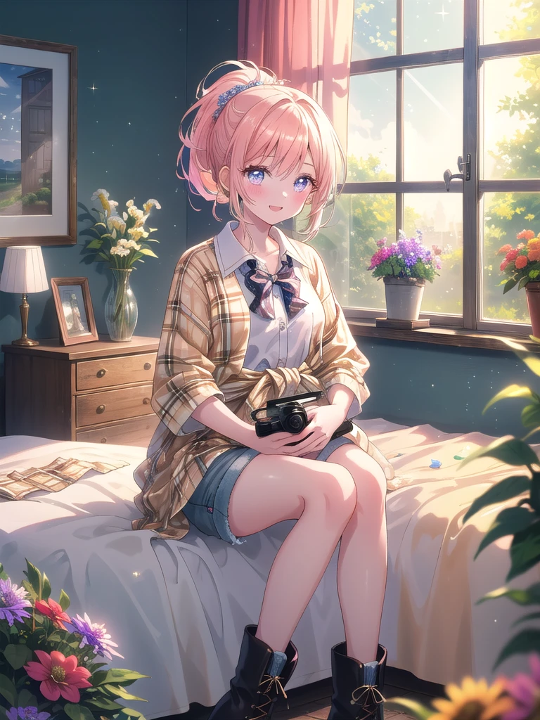 teens girl,Close-up of chest,Poor milk,short detailed hair,is shy,gasps,Stick out your tongue,Lie down in bed,Lift the skirt,pink panty