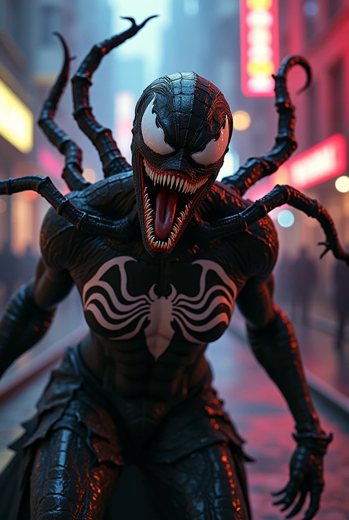 Carnage Venom symbiote in agony, dynamic action pose, clear and detailed eyes, intricate details, Hyper realistic,military dress, City streets background., neon atmosphere, diffused light, ambient occlusion, Who, movie look, In the style that Todd Mcfarlane and Ross draw