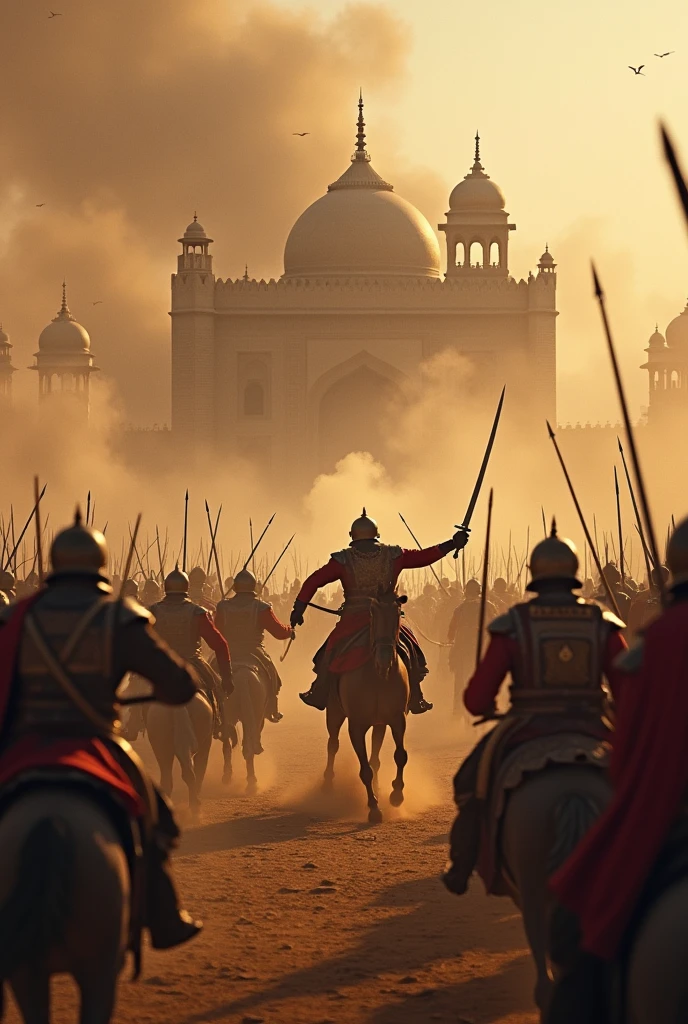 3. **Dushman Sena ka Hamla:**
- *Prompt*: "A fierce battle scene with a large enemy army attacking the fort. Maharaja Vikram Singh is leading his outnumbered soldiers in a heroic defense, swords clashing and arrows flying. The atmosphere is tense with dust and smoke rising from the battlefield."