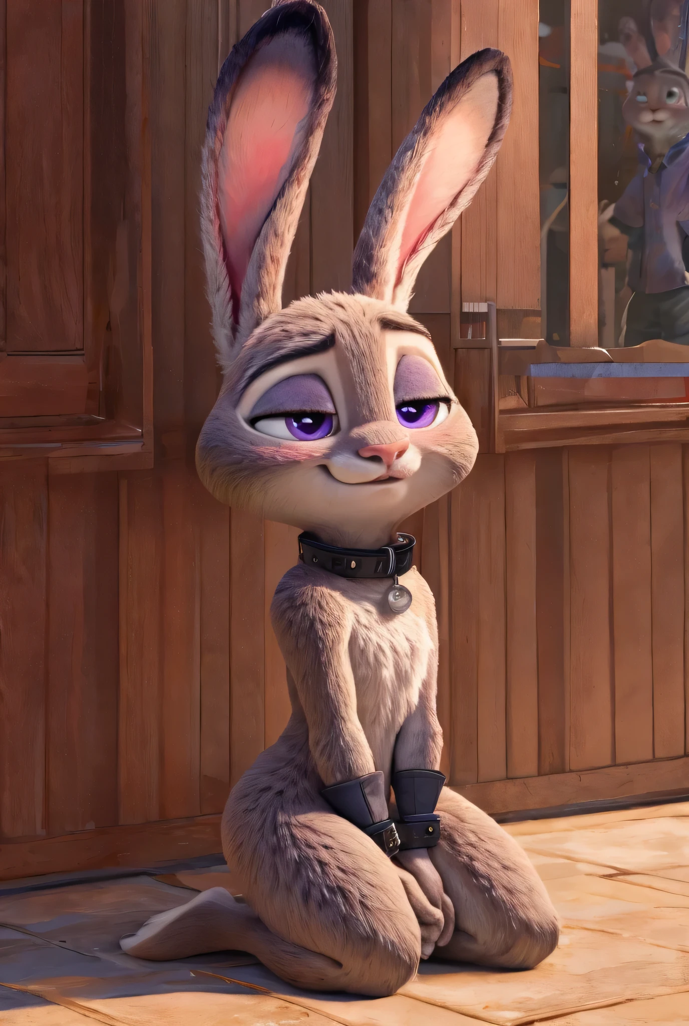 Judy Hopps, new, naked, sexly, kneeling and leaning back, purples eyes, blushed, ashamed, High details, black leather cuffs and collar