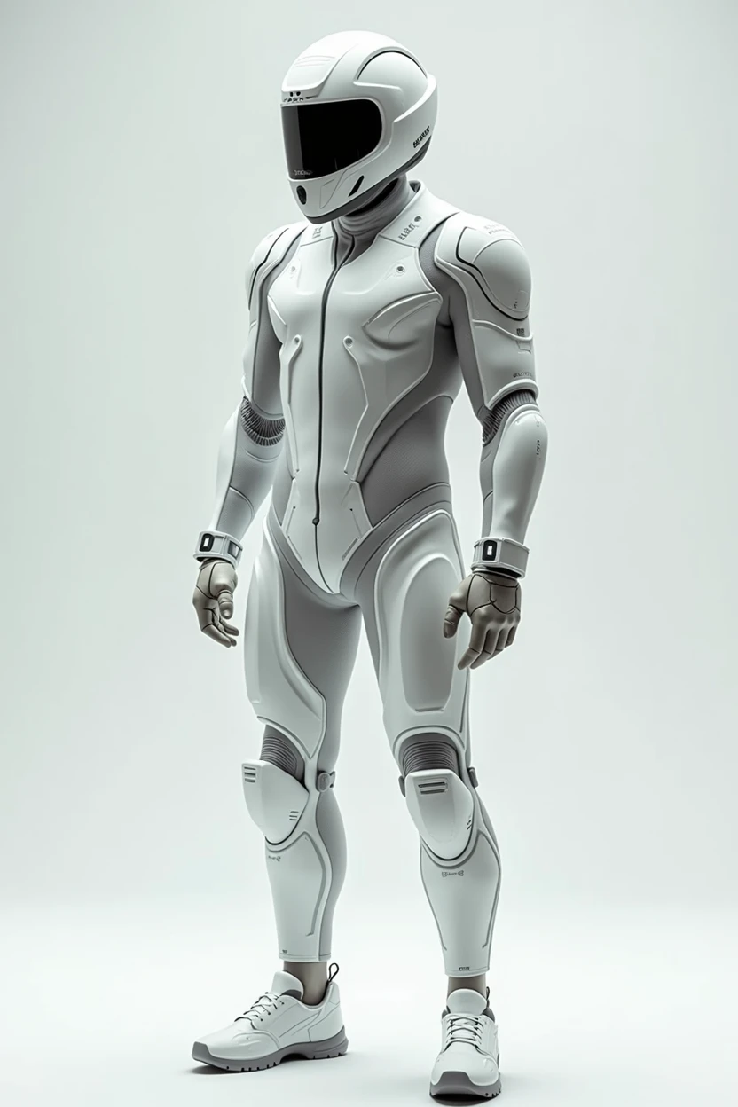 biker in white biker safety suit full body in standing pose and helmet