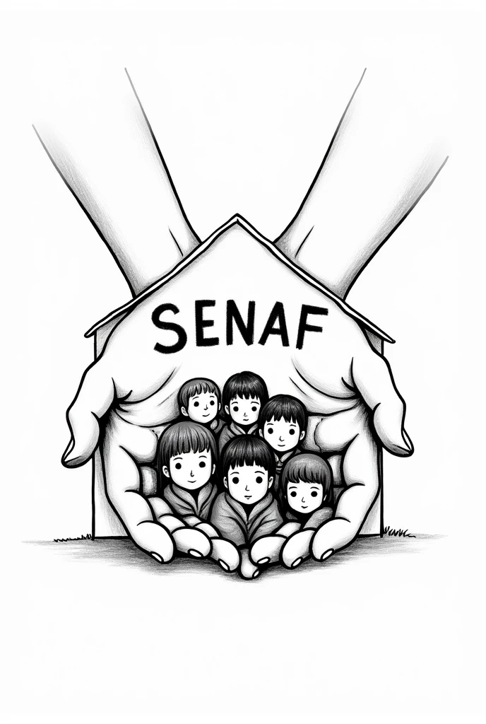 Black and white coloring drawings of boys and girls and teenagers protected by a pair of hands that together form the roof of a house on which SENAF is written on the hands
