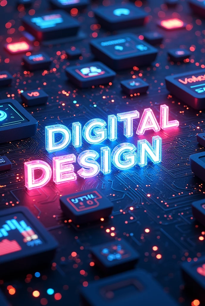 {
"size": "1024x1024",
"prompt": "A 3D render of a futuristic digital design environment focused on programming. In the center, the words 'Digital Design' are displayed in floating, transparent 3D letters with embedded luminous circuits. The background features abstract elements representing data flow, lines of code, and electronic circuits, all arranged in an aesthetic pattern. Surrounding the text are various digital interfaces, coding screens in Python, JavaScript, and HTML, and holographic keyboards. The scene is illuminated with neon lights, highlighting the key elements with glowing reflections and a high-tech ambiance."
}