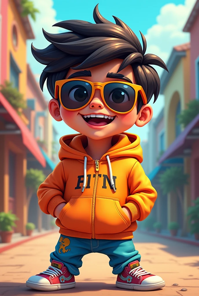 Cartoon anme chracter wearing hodi and sun glasses Desi boy