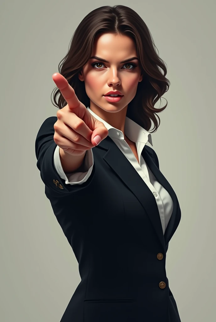 Woman facing forward and finger pointing to the side