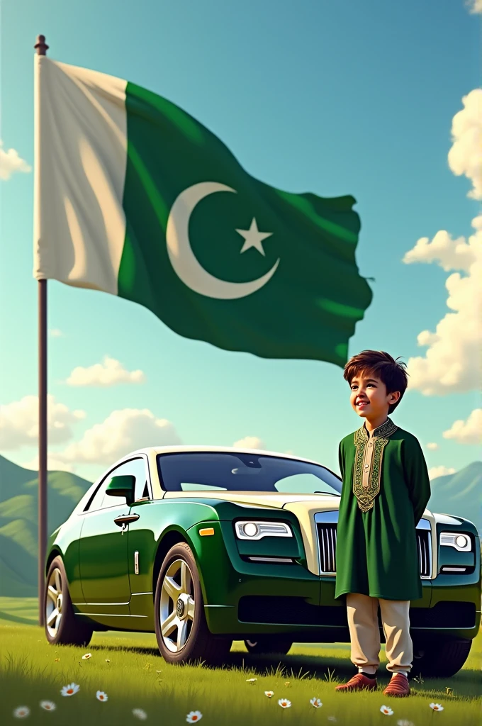 pakistan flag and young boy and rols roys car