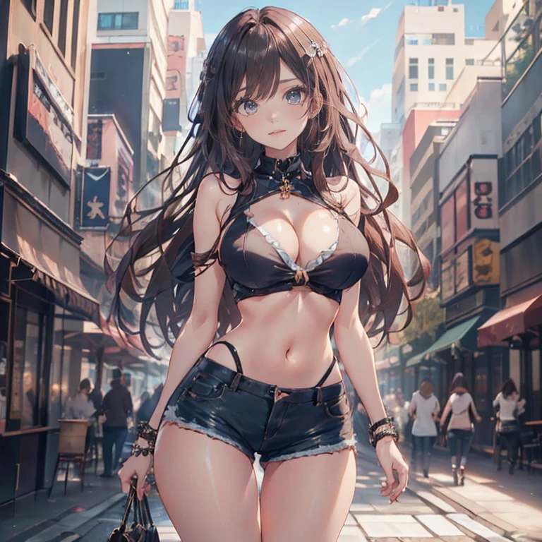 Anime Kawaii sexy Perfect Slim sensual body large breast and huge thighs, An intricate and highly detailed illustration of anime (Young girl)  (work of art, best qualityer, ultra detali, high resolution, 4K),(beautiful detailed eyes),(very highly detailed face),(1 girl),HDR,long hair, shorts, phone, eyes browns, chestnut hair, cellphone, bracelet, regatta, jewerly, to attend, lips, focus only, glaze, blurry background, ssmile, wristto attend, realisitic, blurry, gazing at viewer