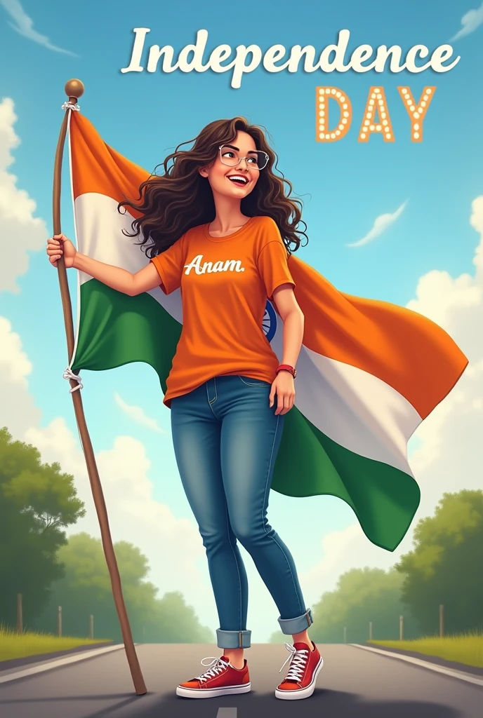 A real 25 years old women, Wearing Orange T shirt blue jeans sneakers and the name “Anam” is written on his t-shirt and the boy is standing on the road with holding a national flag of India, and behind him is the india. And written on sky “Independence Day” Create Realistic image high quality