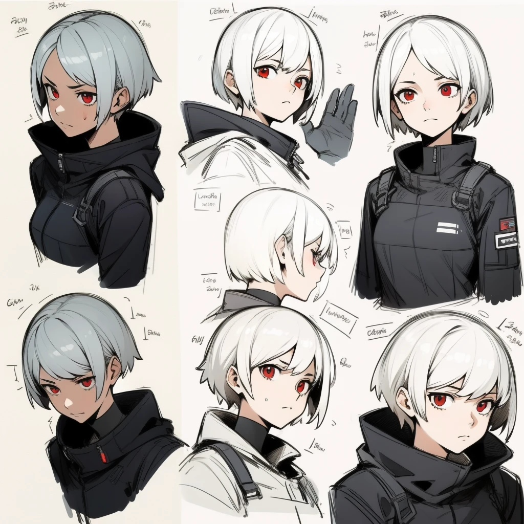 Yellow theme，Masterpiece,Best quality,offcial art,Extremely detailed Cg Unity 8K wallpaper,1girll, Joy, anger and sorrow on all kinds of expressions，short hair，，，a white dress，red eyes，White hair，character  design，juesesheji，Sketch line drawings, face to face with camera, bloody