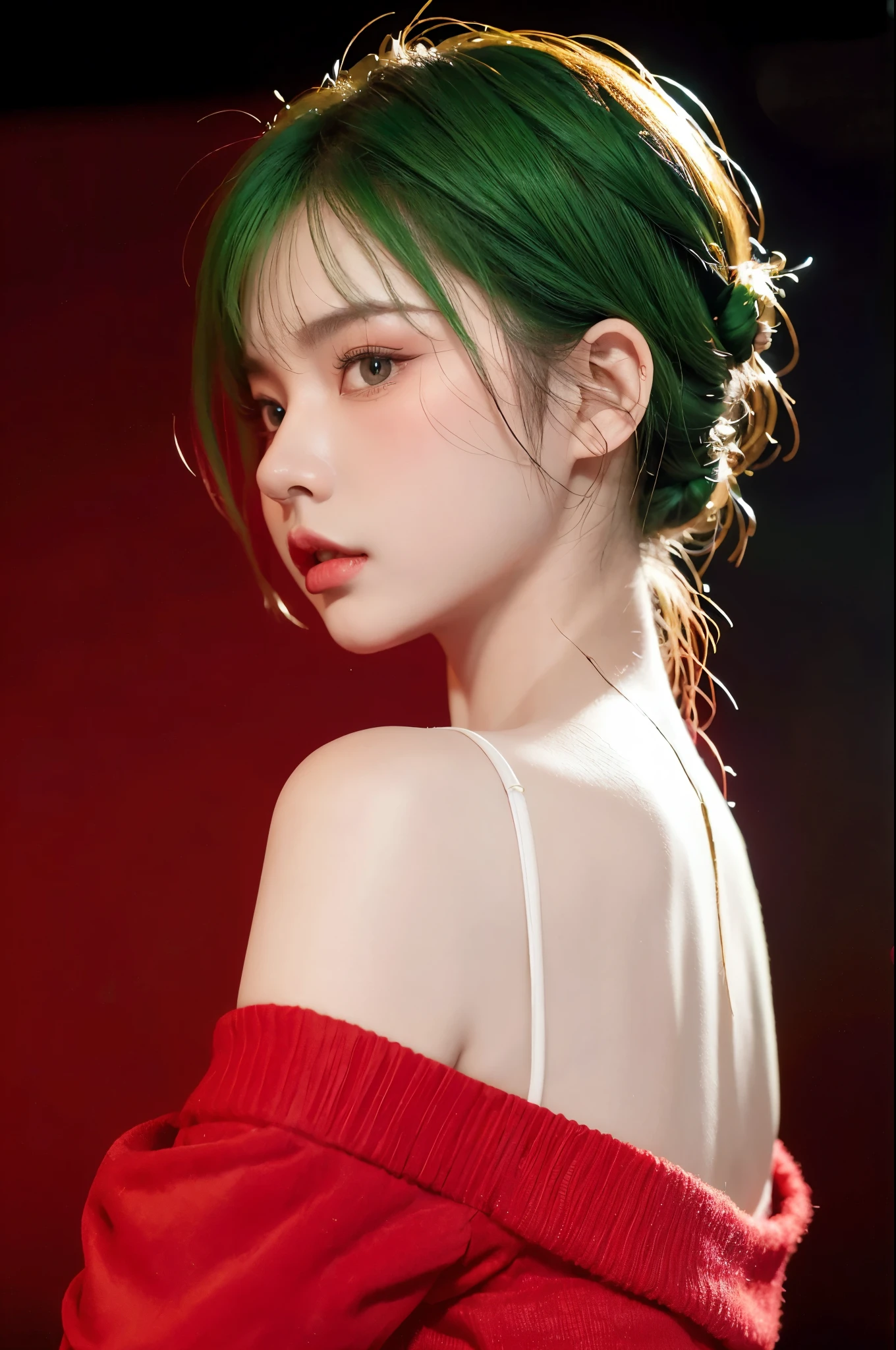 HDR, UHD,8K, face High Quality, nokiapretty, red color sweather, (((black background 8k))), Braided bun hait, greenhair, cyber