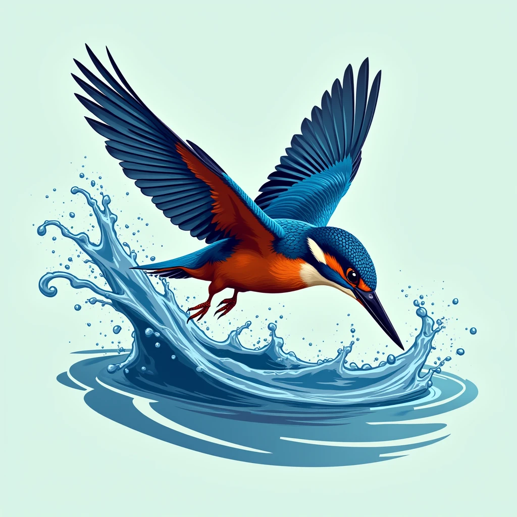 Illustrate a kingfisher diving into a river, capturing the dynamic motion and sleek form of the bird with sharp vector lines and a splash effect.