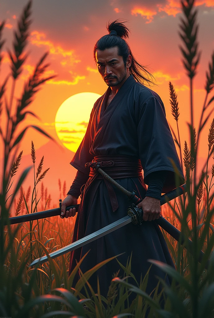 Miyamoto Musashi with drawn swords ready to fight and tall grass in the background with a sunset