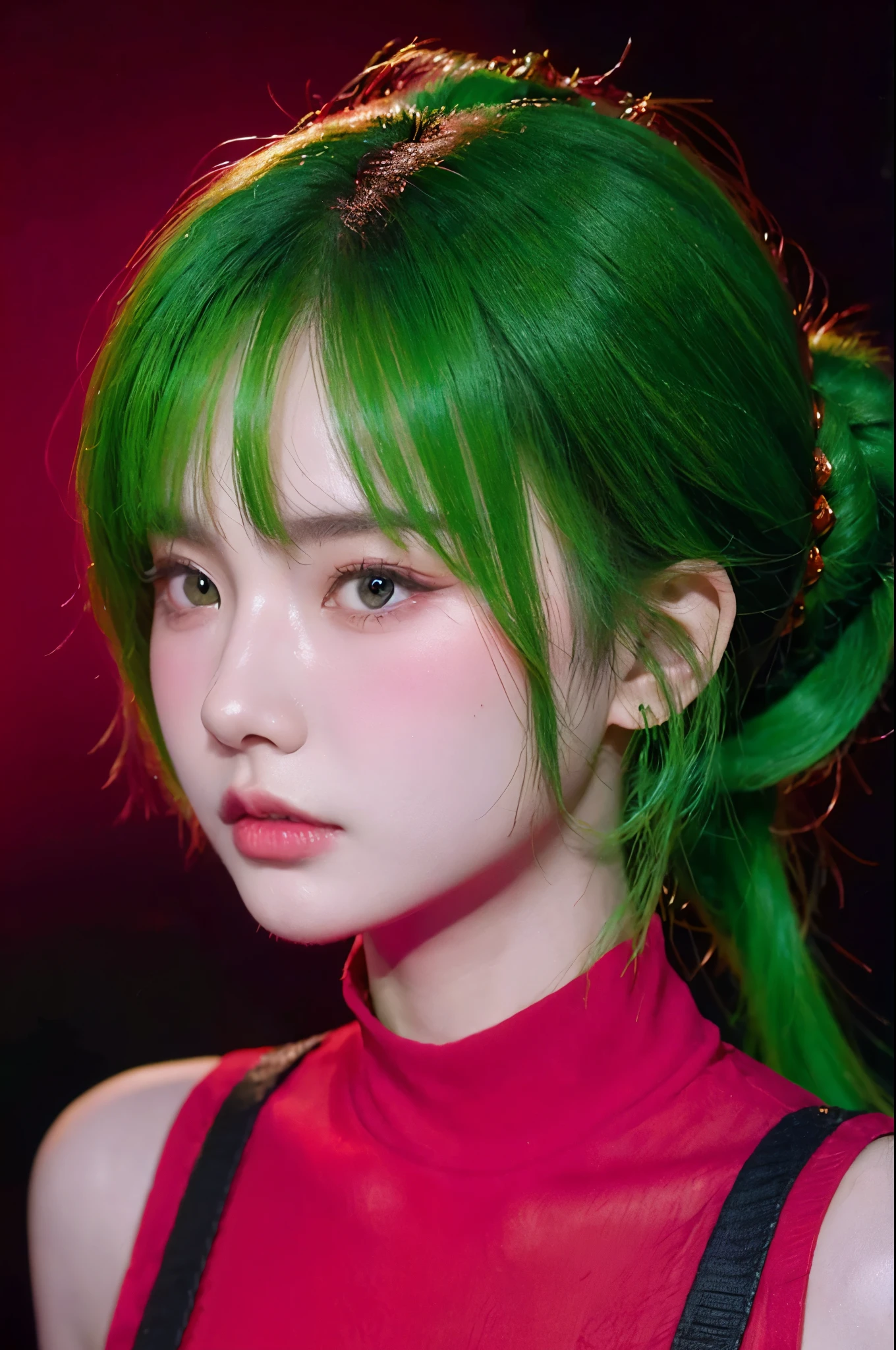 HDR, UHD,8K, face High Quality, nokiapretty, red color sweather, (((black background 8k))), Braided bun hait, greenhair, cyber