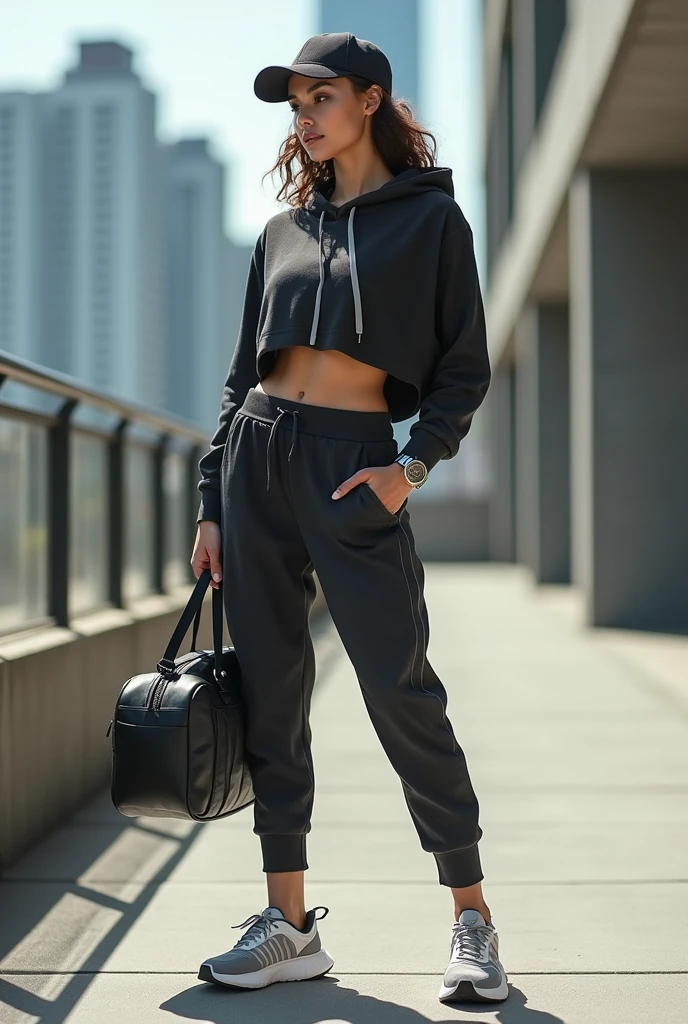 Sporty Look
   Top: Cropped hoodie or a sporty tank top.
   Bottom: Leggings or joggers.
   Shoes: Running shoes or slip-on sneakers.
   Accessories: A sporty watch, baseball cap, and a duffle bag.