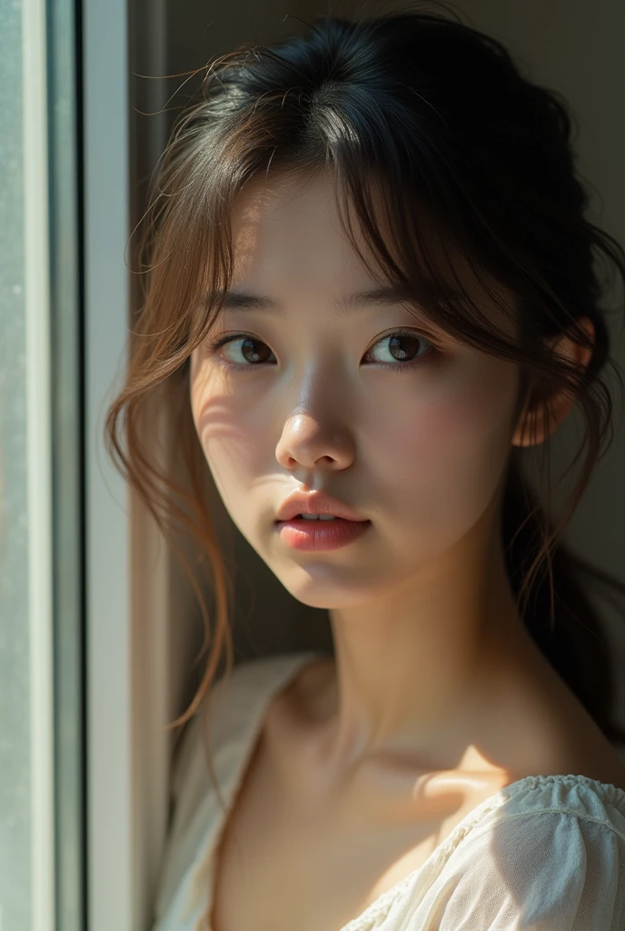 ((1girl from outside window, standing, leaning forward))) looking at viewer ,Perfectly glossy skin, ,22 yo cute girl , , picture of a vivid, (masterpiece:1.2),(extremely detailed),(8k:1.1),(perfect lighting,best quality,highres,original),(realistic photography:1.4),(tall image:1.5), ,high detailed skin,shaded face, soft lighting, (small face),RAW, ultra highres, pores visible,