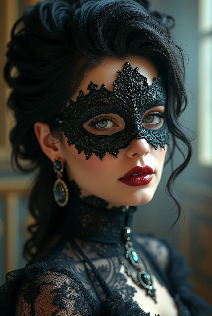 A close-up of a person wearing a mask, dream gothic girl, Elegant render, Half body photo, lover, photoshop rendering, ebony rococo, elegant girl, female spy, disturbing beautiful young woman, super-hero girl, fancy dress, beauty girl