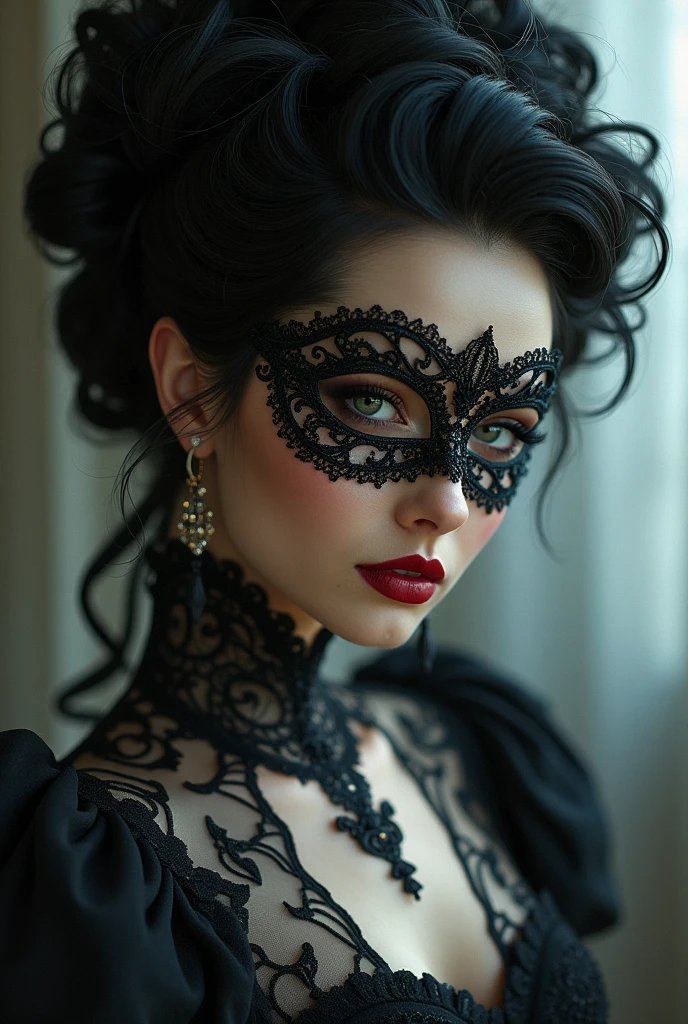A close-up of a person wearing a mask, dream gothic girl, Elegant render, Half body photo, lover, photoshop rendering, ebony rococo, elegant girl, female spy, disturbing beautiful young woman, super-hero girl, fancy dress, beauty girl
