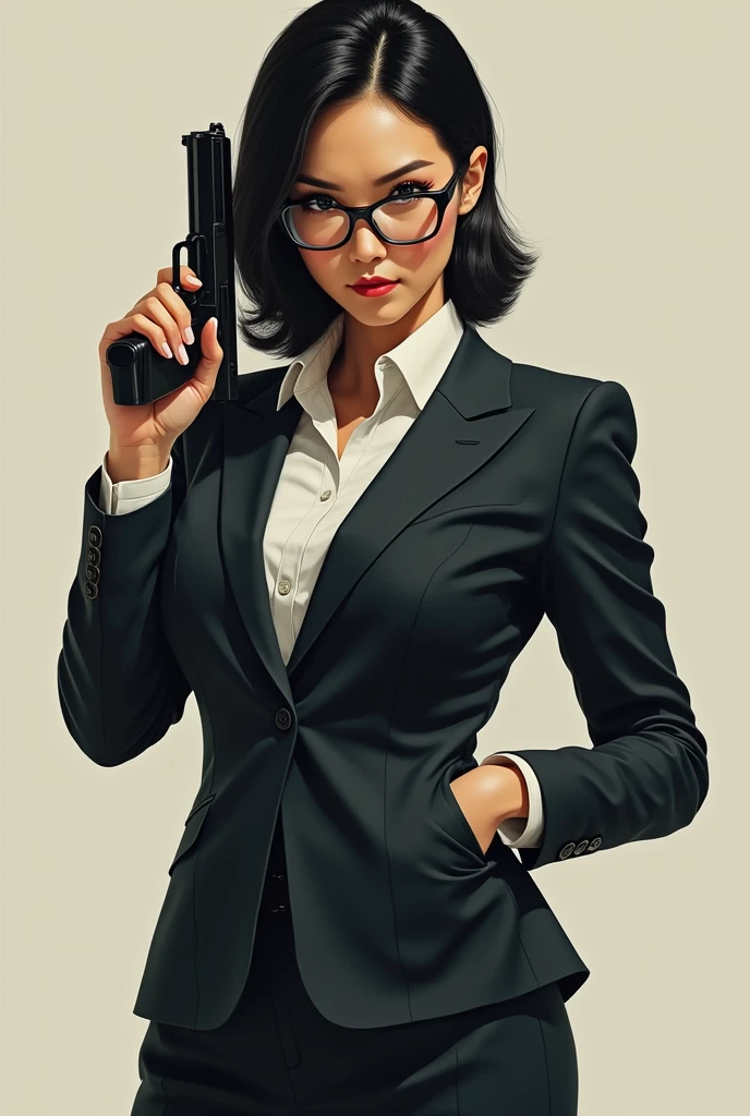 PSYCHO-PASS,there is a woman in a suit and glasses posing with a gun, a portrait by Jason Chan, trending on Artstation, shin hanga, wearing a strict business suit, in strict suit, elegant posed, in a business suit, wearing tight suit, in a strict suit, lawyer suit, in suit with black glasses, wearing business suit, with glasses