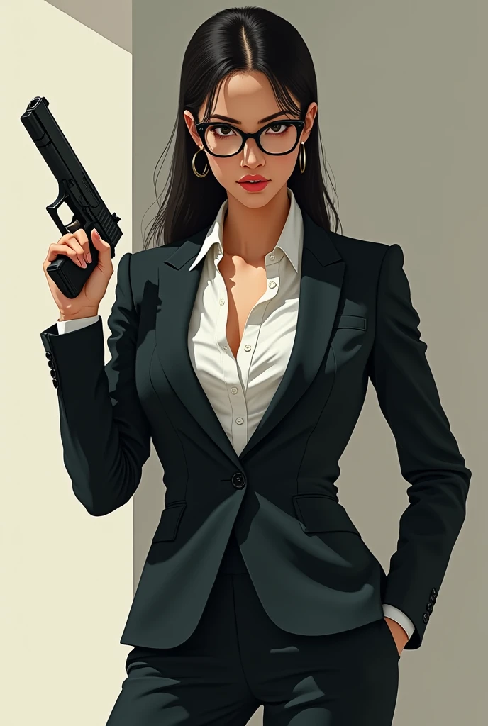 PSYCHO-PASS,there is a woman in a suit and glasses posing with a gun, a portrait by Jason Chan, trending on Artstation, shin hanga, wearing a strict business suit, in strict suit, elegant posed, in a business suit, wearing tight suit, in a strict suit, lawyer suit, in suit with black glasses, wearing business suit, with glasses