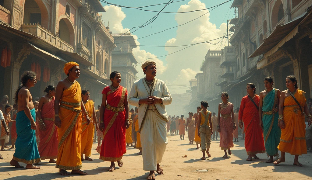 Visually represent India. Aesthetically show the upper class, middle class, lower class. AND MAKE IT UNIQUE. Show the poor untouchables. The rich. Don't include any monuments