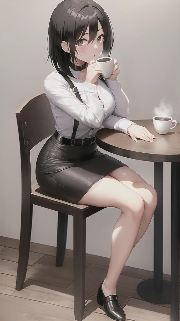 mikasa ackerman, shingeki no kyojin, 1girl, bangs, belt, belt buckle, black eyes, black hair, medium hair, shirt, solo, straight hair, suspenders, , white background, brown shirt, skirts, cafe, table, Hands on the table, chocker, braslets, Looking at the viewer, chair, wall, sit, drink coffee, a cup, full body, worth, brown shoes, 

, ((masterpiece)) 