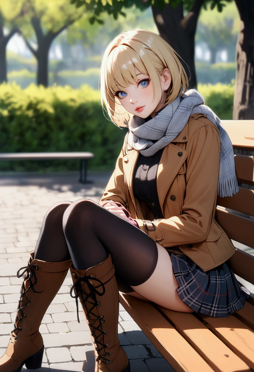 slender, mature female,rating:safe, 1girl, solo, blurry, boots, blonde_hair, sitting, short_hair, skirt, plaid_skirt, knee_boots, outdoors, scarf, lips, day, bench, looking_at_viewer, plaid, jacket, blue_eyes, long_sleeves, tree, pleated_skirt, bangs, black_legwear, miniskirt