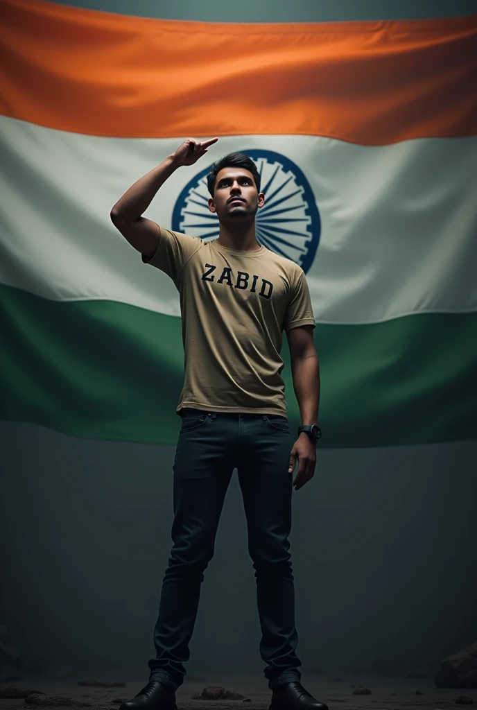 Make an image A 25 year old boy is standing wearing an army t-shirt, the name “ZABID” is written on the t-shirt and the flag of India and in the background there is a big flag of India and Happy  independence Day 15 August is written and Saluting flag with other seals and smoke on dark background, 3D realistic high quality photo.