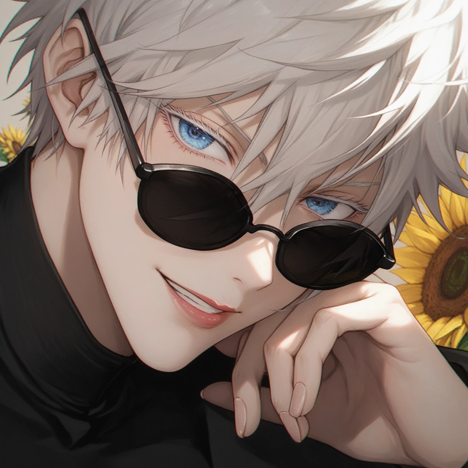 photorealistic, anime girl with sunglasses and sunflowers in the background, Gojo Satoru, gojo satoru, Satoru gojo portrait, best anime 4k konachan wallpaper, tall anime girl with blue eyes, detailed anime character art, 4 k manga wallpaper, high quality fanart, high quality anime artstyle, A close-up of a girl wearing a black turtleneck uniform, Satoru Gojo, Satoru Gojo female version, a girl with long, wavy white hair, bright blue eyes like Satoru Gojo from Jujutsu Kaisen, wearing thin-framed black sunglasses round shape, lipgloss, powerful, sensual, looking towards the viewer, big hair (white), white eyelashes, light blue eyes, detailed eyes, long hair, wavy hair, feminine features, fine details.