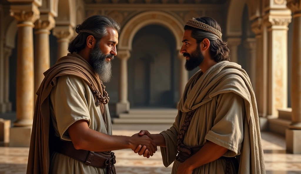 (best quality: 1.4), (Ultra Highres: 1.2), (photorealistic: 1.4), (8k, RAW photo: 1.2). The description of the Samaritan man's physical appearance is not detailed in the biblical narrative, but her Samaritan origin suggests she likely had similar characteristics to other people in the region. Without historical-cultural context, the story of the man with a rustic Samaritan appearance, he appears to be a rustic man, he is in a friendly meeting with King David in the palace