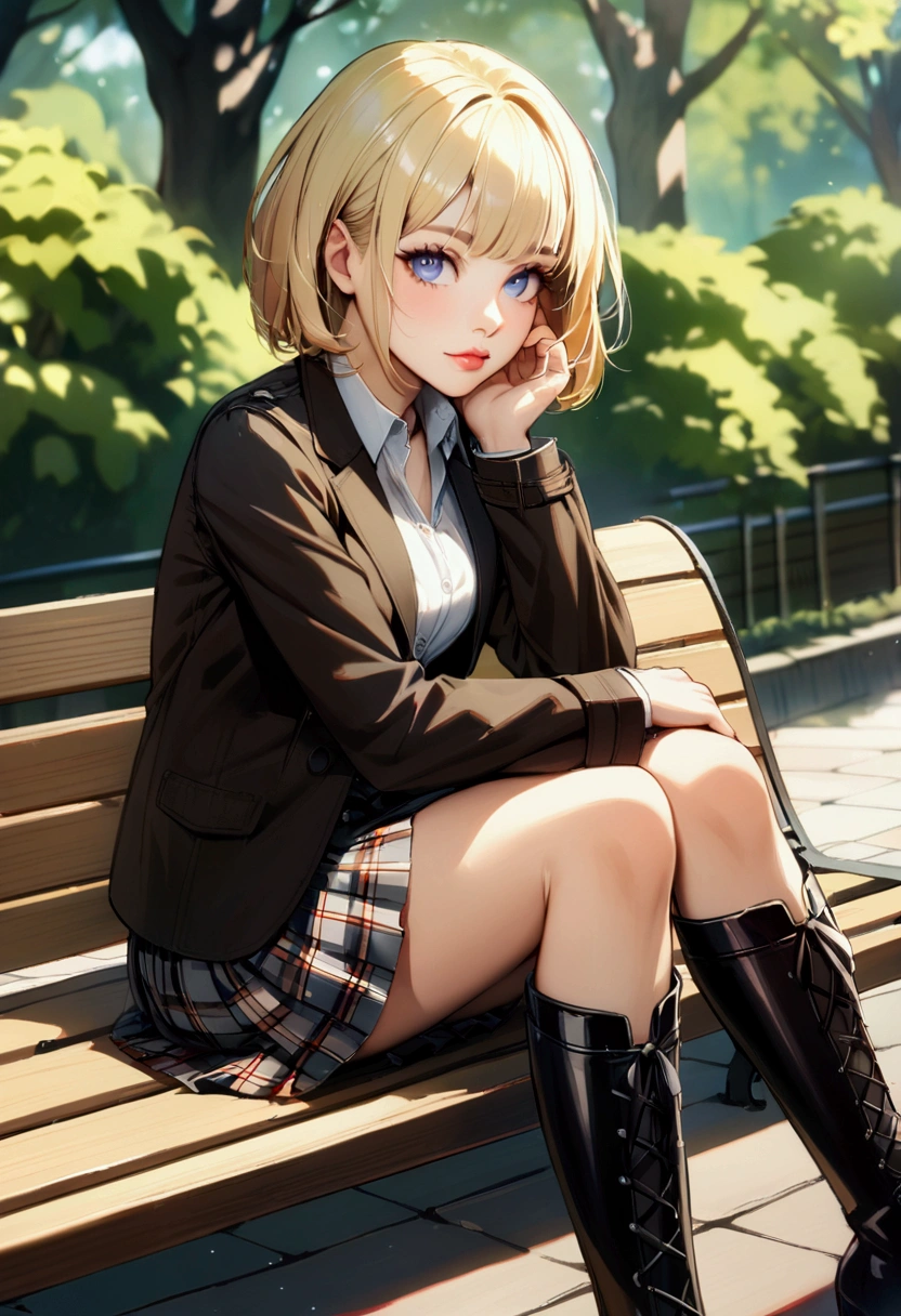 slender, mature female,rating:safe, 1girl, solo, blurry, boots, blonde_hair, sitting, short_hair, skirt, plaid_skirt, knee_boots, outdoors, lips, day, bench, looking_at_viewer, plaid, jacket, blue_eyes, long_sleeves, tree, pleated_skirt, bangs, black_legwear, miniskirt