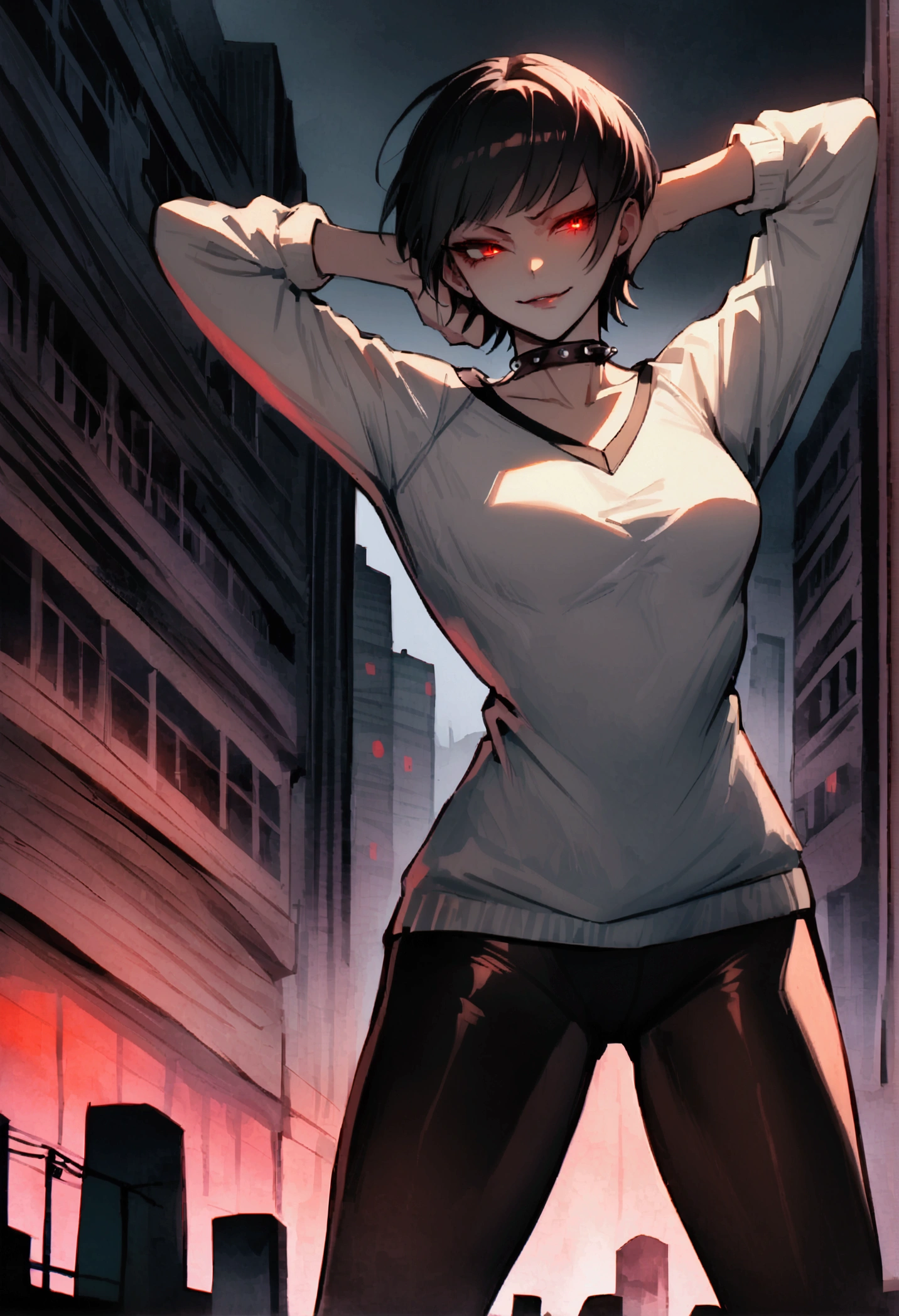 standing,alone,short hair,work of art,face detailed,young fitness linda,Wearing black pantyhose,tight white sweater with collar ,neckleace,evil smile,red eyes glowing,labiaa,eye shadow,bangs on the eyes,Hands behind the head ,background city
