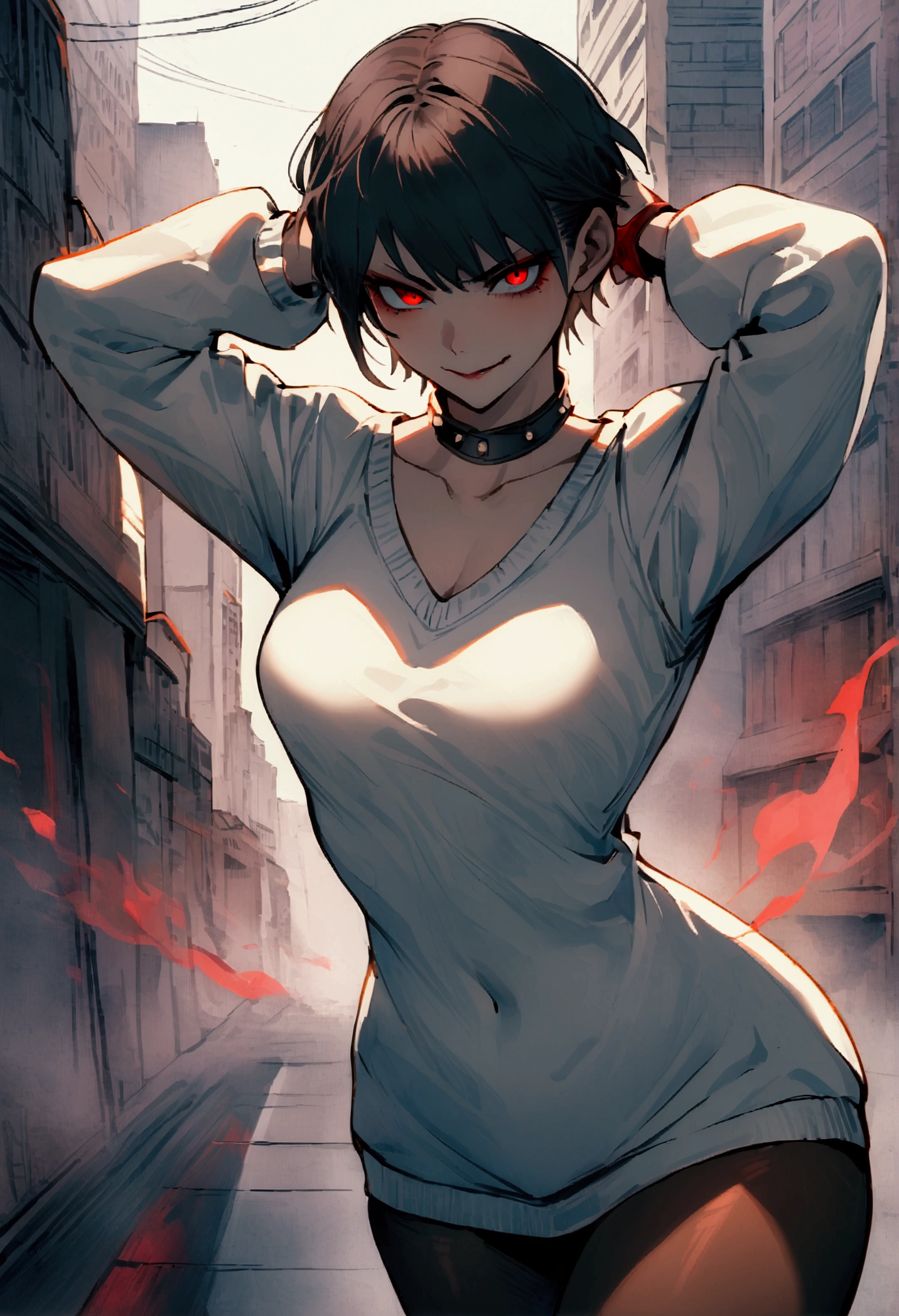 standing,alone,short hair,work of art,face detailed,young fitness linda,Wearing black pantyhose,tight white sweater with collar ,neckleace,evil smile,red eyes glowing,labiaa,eye shadow,bangs on the eyes,Hands behind the head ,background city
