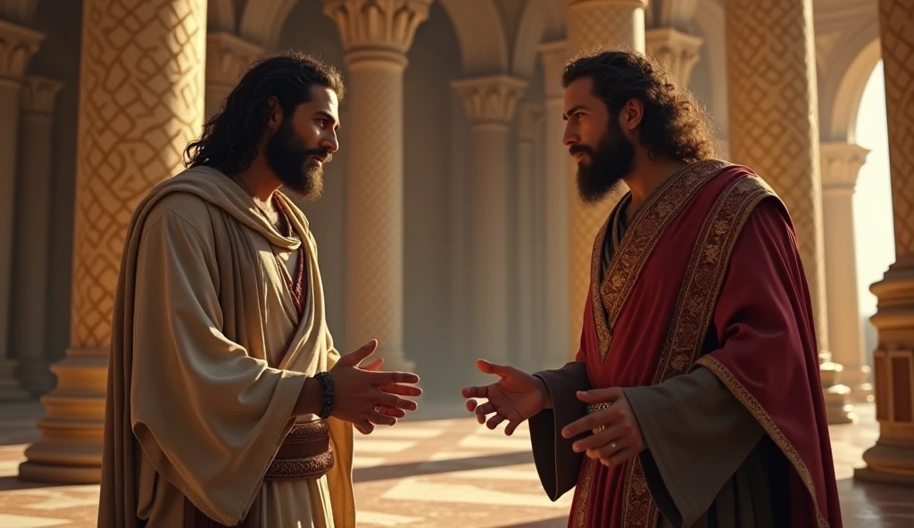 (best quality: 1.4), (Ultra Highres: 1.2), (photorealistic: 1.4), (8k, RAW photo: 1.2). The description of the Samaritan man's physical appearance is not detailed in the biblical narrative, but her Samaritan origin suggests she likely had similar characteristics to other people in the region. Without historical-cultural context, the story of the man with a rustic Samaritan appearance, he appears to be a rustic man, he is in a friendly meeting with King David in the palace