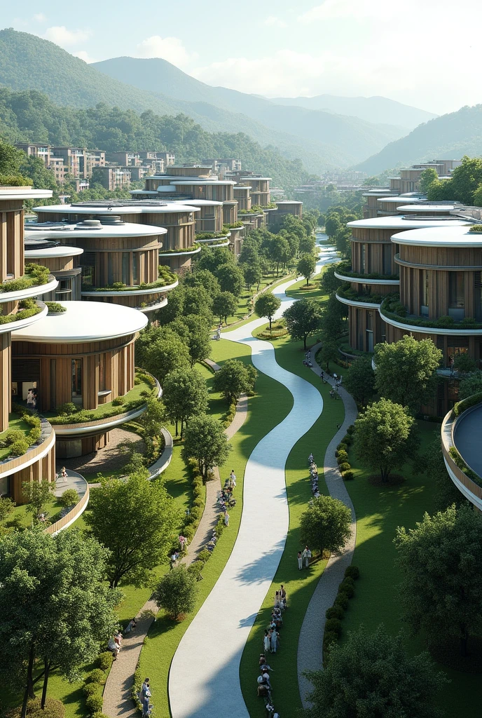  A render of the future development with houses,departments,Non-futuristic buildings and green areas with panoramic view in horizontal format .
