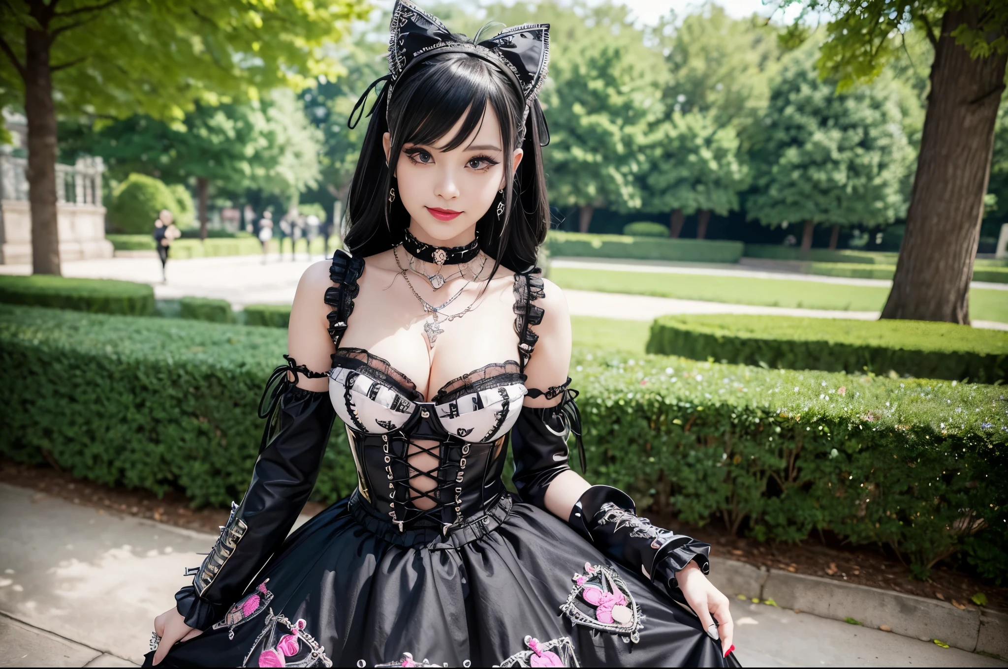 sexy stylish female model, only 1 female, ((doll-like appearance)), long dramatic stylish hair, ((shiny Punk-Style boots)), (big smile), ultra detailed eyes, Punk makeup, lipgloss, ((sexy Punk ta cosplay)), unconventional skirt, petticoats, high neckline, ((ultra detailed lace)), ((ultra detailed embroidery)), intricate details, tartan patterns, safety pins, Punk Loliccessoires, Punk Lolita cr, ((large sparkling Punk Lolita jewel, cinematic light, detailed large park background with trees