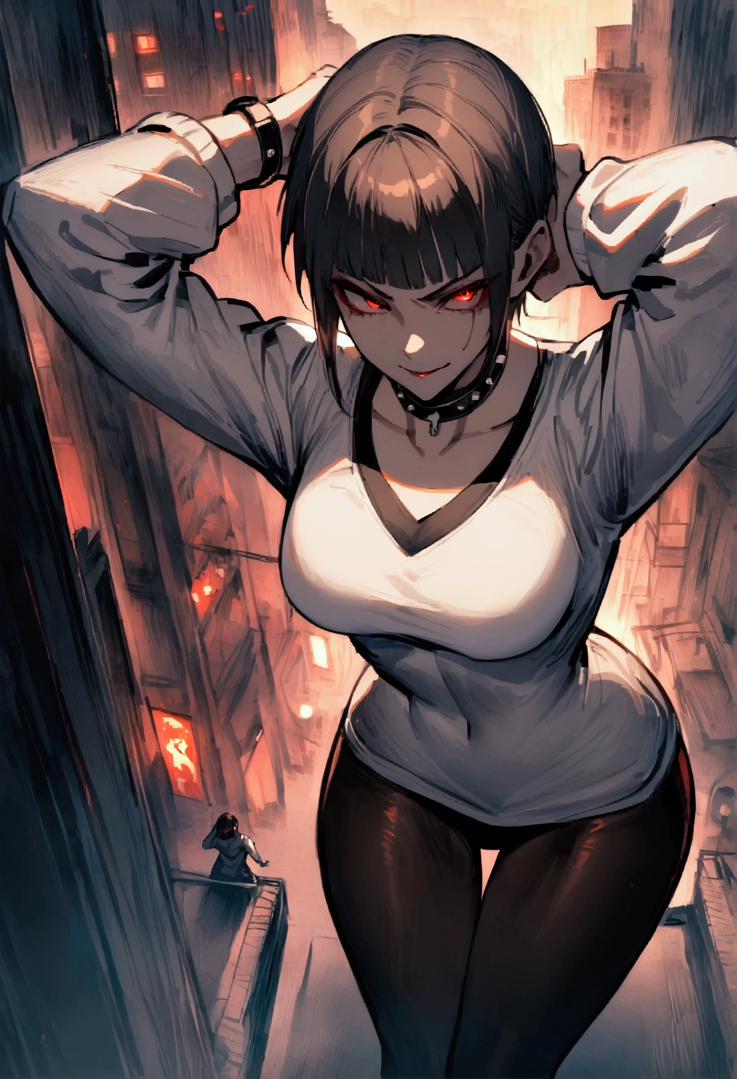 standing,alone,short hair,work of art,face detailed,young fitness linda,Wearing black pantyhose,tight white sweater with collar ,neckleace,evil smile,red eyes glowing,labiaa,eye shadow,bangs on the eyes,Hands behind the head ,background city
